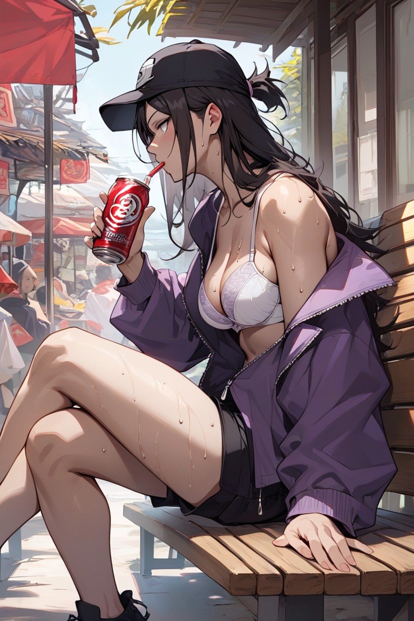 Black Cotton Shorts Pant, Drinking Soda From A Can, Sitting On Wood Bench쉬메일 AI 포르노