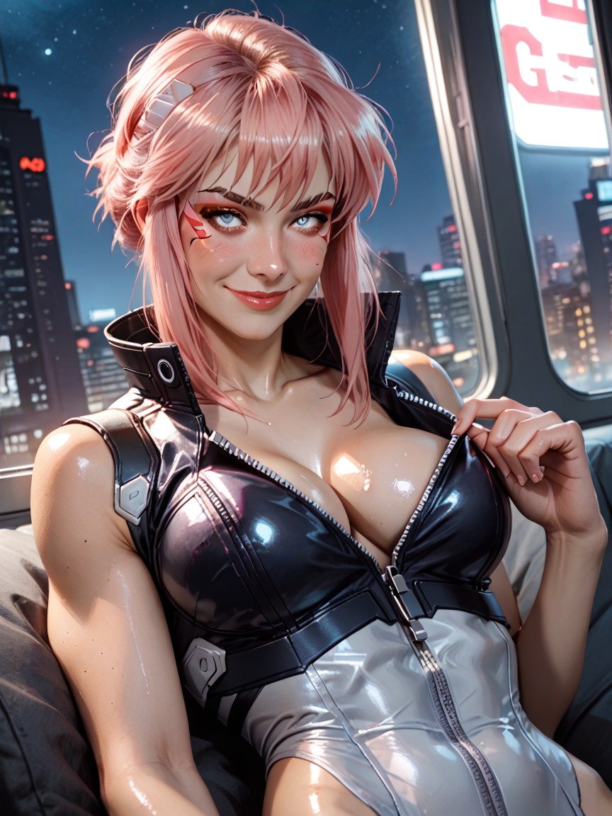 Cleavage, Silver Eyes, Cyberpunk Enhancements In Skin AI Porn