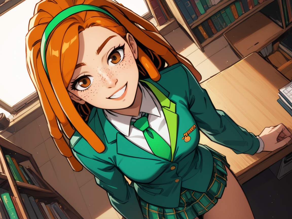 Green Uniform Jacket, Freckles On Face, Study Room Background ラティーナAIエロ