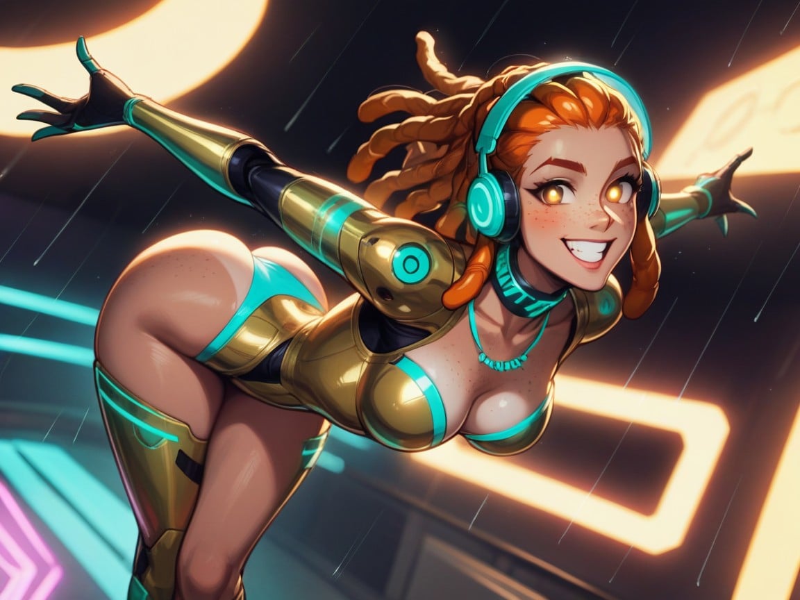 Metallic Gold Collar, Gold Headphones, Wearing Blue Sci Fi Metallic Clothes AI Porn
