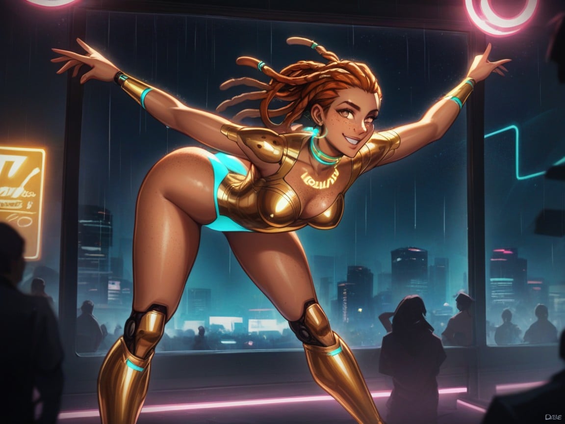 Wide Proportionate Waist, Gold Metallic Leotard, Gold High Boots With Metallic Trim AI Porn