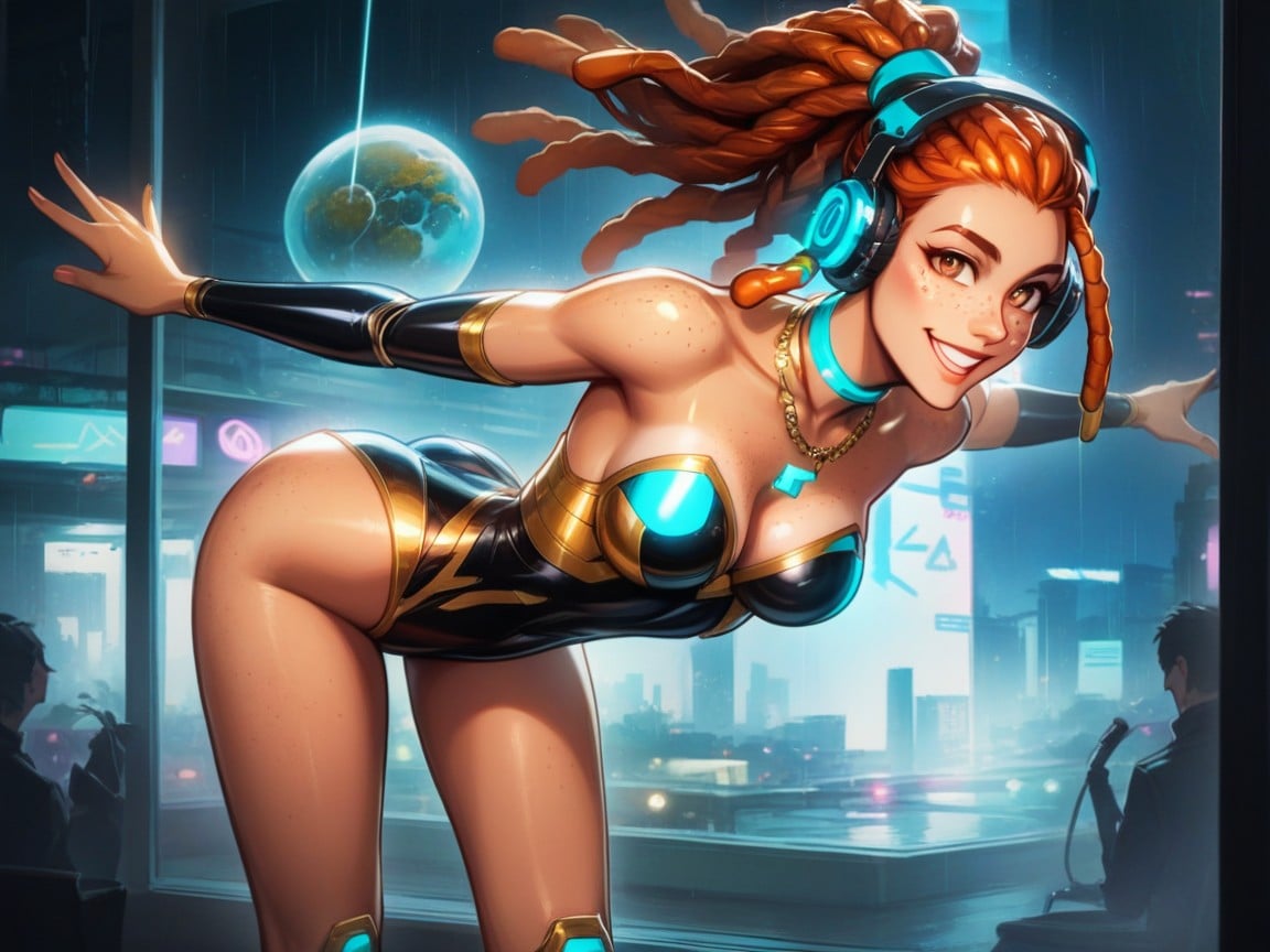 Cyberpunk City, Robot Singer Cosplay, Wide Proportionate Waist AI Porn