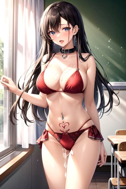 Classroom, Nipple Piercing, Red LingerieAI黃漫