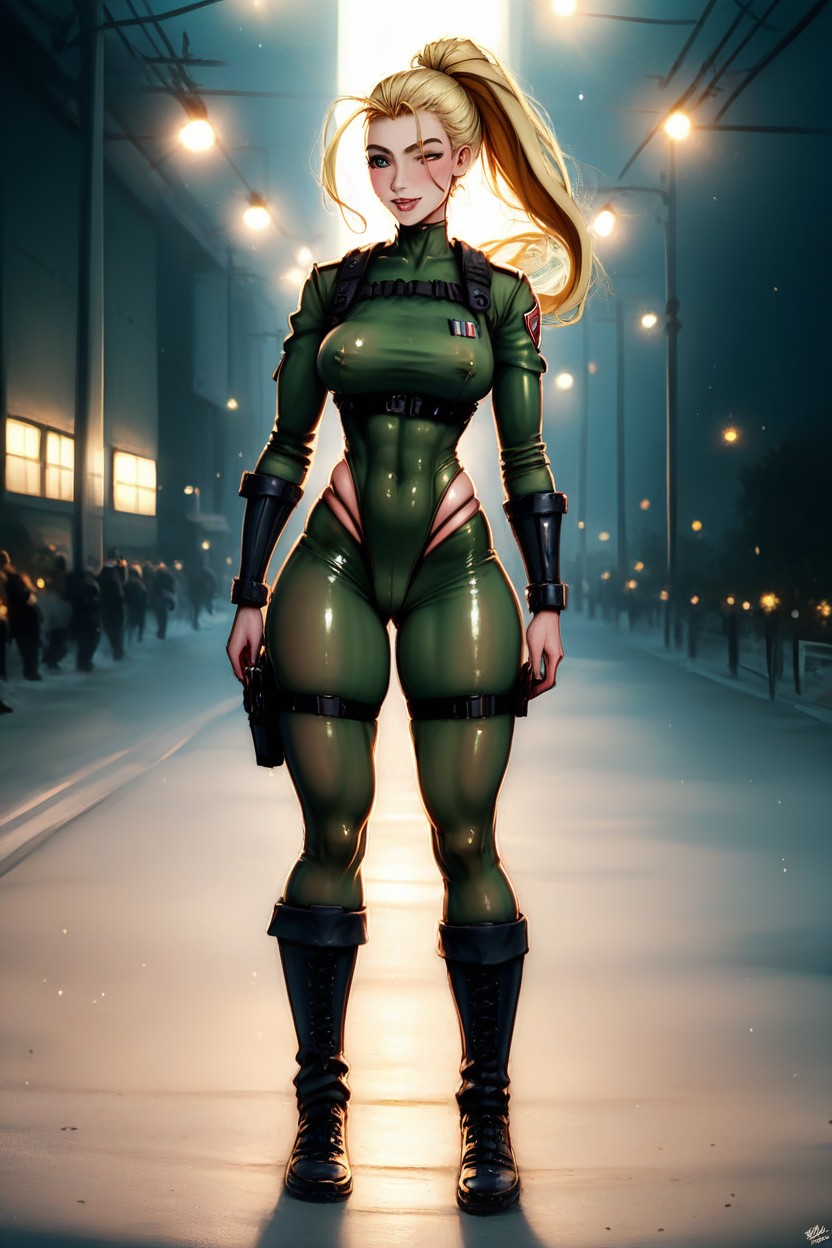 A Full Portrait Of Blonde Cosplayer, Cameltoe And Covered Nipple, Muted Colors Hentai AI Porn