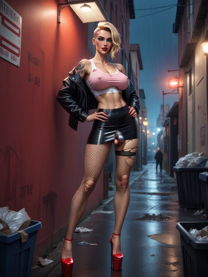 Blonde Hair, Erect Nipples, Denim Jacket Shemale AI Porn