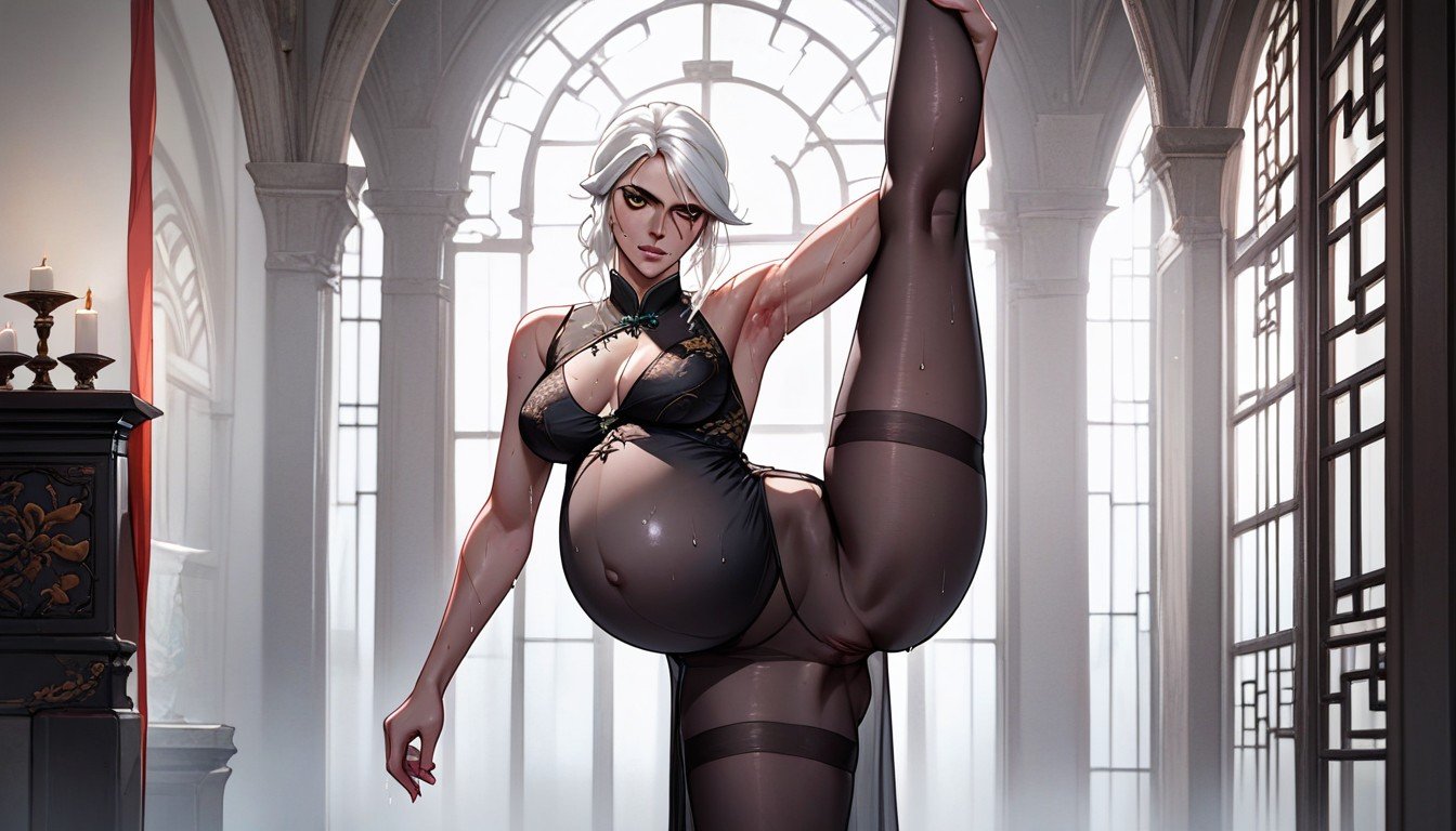 Pregnant, Sweaty, Ciri Wearing A Sheer Black Nylon Dress Hentai AI Porn