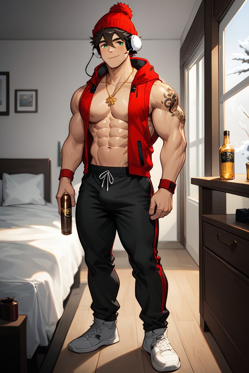 Posing, Grey Sneakers, Red Hooded Vest AI Gay Porn