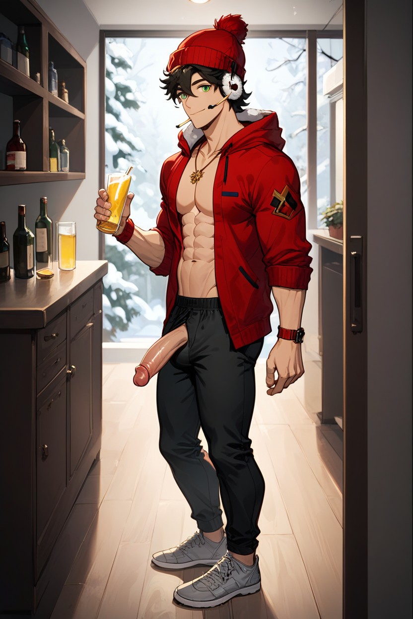 Green Eyes, Red Plants Tattooed, Red Hooded Vest AI Gay Porn