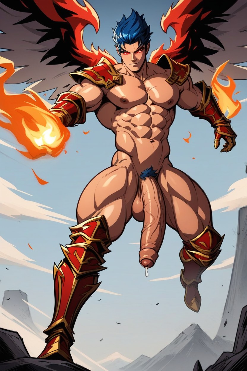 Blue Hair, Well Defined Body, Red Fire Greaves AI Gay Porn