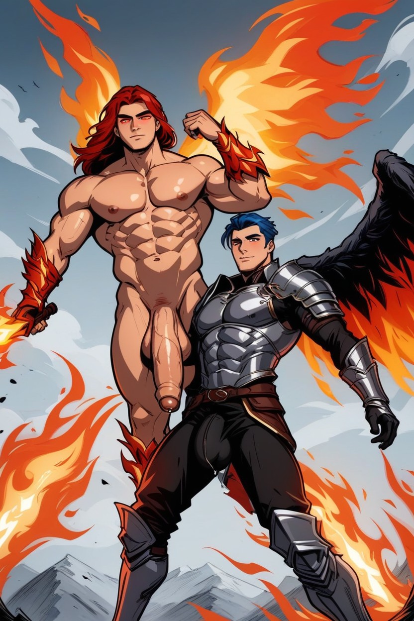 2 People, Fire Wings, Thick Flaccid Penis AI Gay Porn