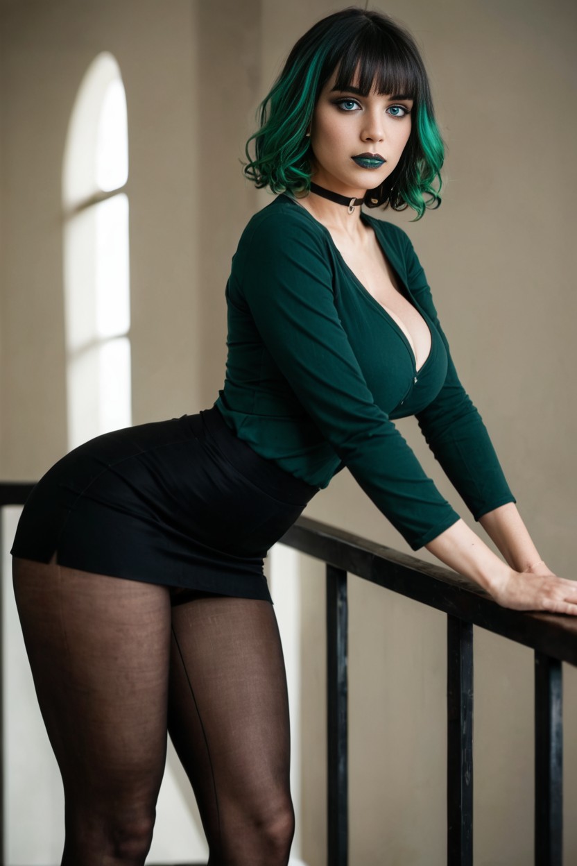 Further Amplifying Her Striking Presence And Take Up Her Skirt, Large Ass, Adding To Her Goth-inspired Look Her Pose AI Porn