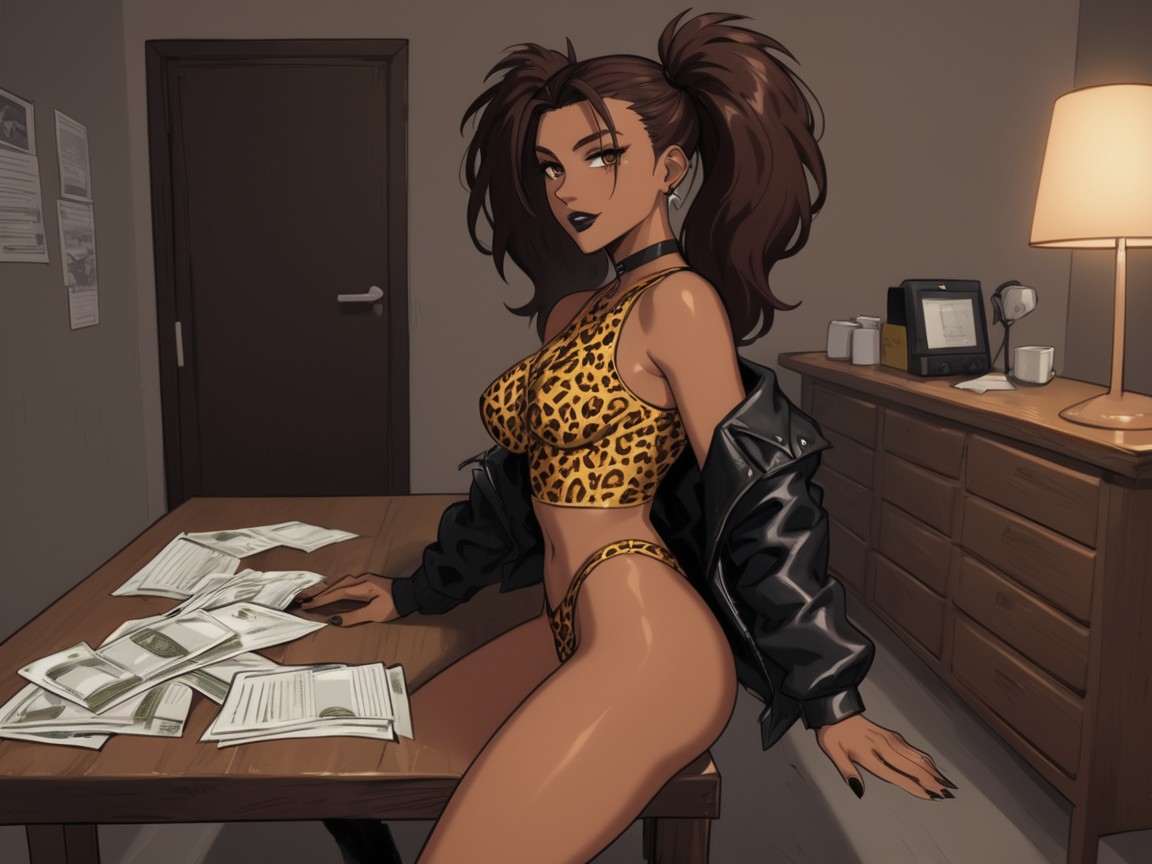 Leopard Print Thigh High Socks, Coffee On Table, One Woman 라틴 AI 야짤