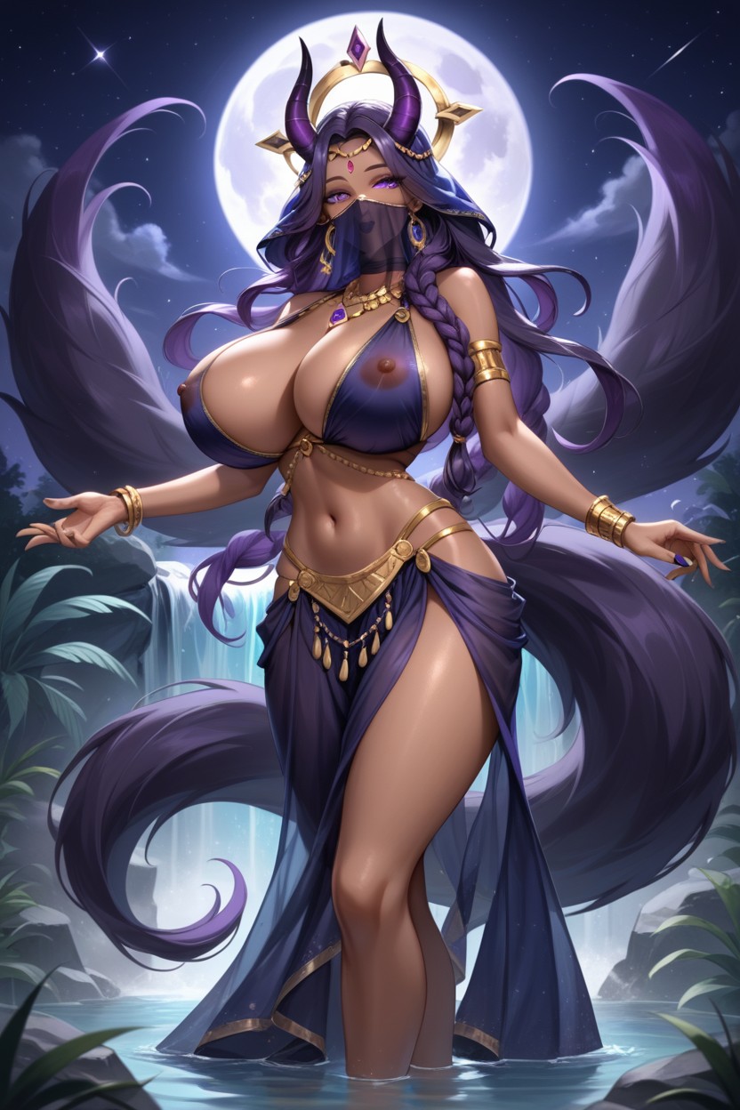 Gold Cresent Moon Halo, Midnight Blue Eye Shadow, Large Dark Nipples Hentai AI Porn