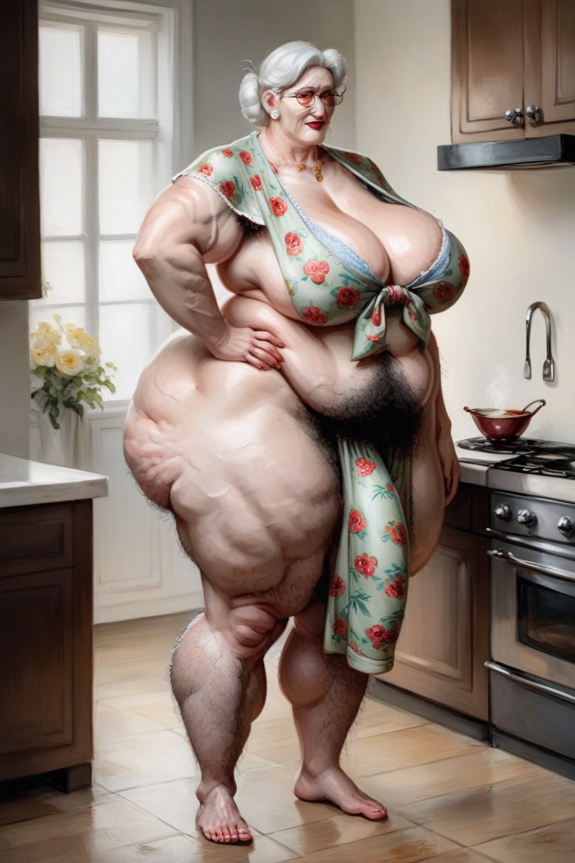 Pechos Grandes, Peeping On Grandma In Kitchen, Fruit Print Robe She Is Unaware Porno IA