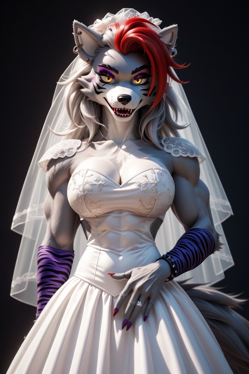 Roxanne Wolffnaf, Red Hair, Furryin A Wedding Dress And With A Ring On Her Right Hand Furry AI Porn