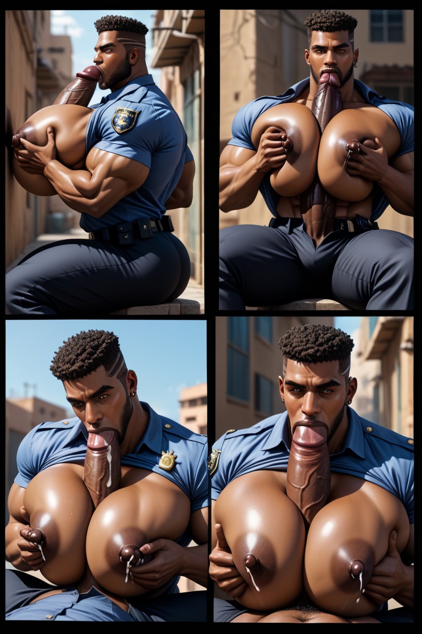 Big Nipples; Police Uniform, African, Gigantic AI Gay Porn