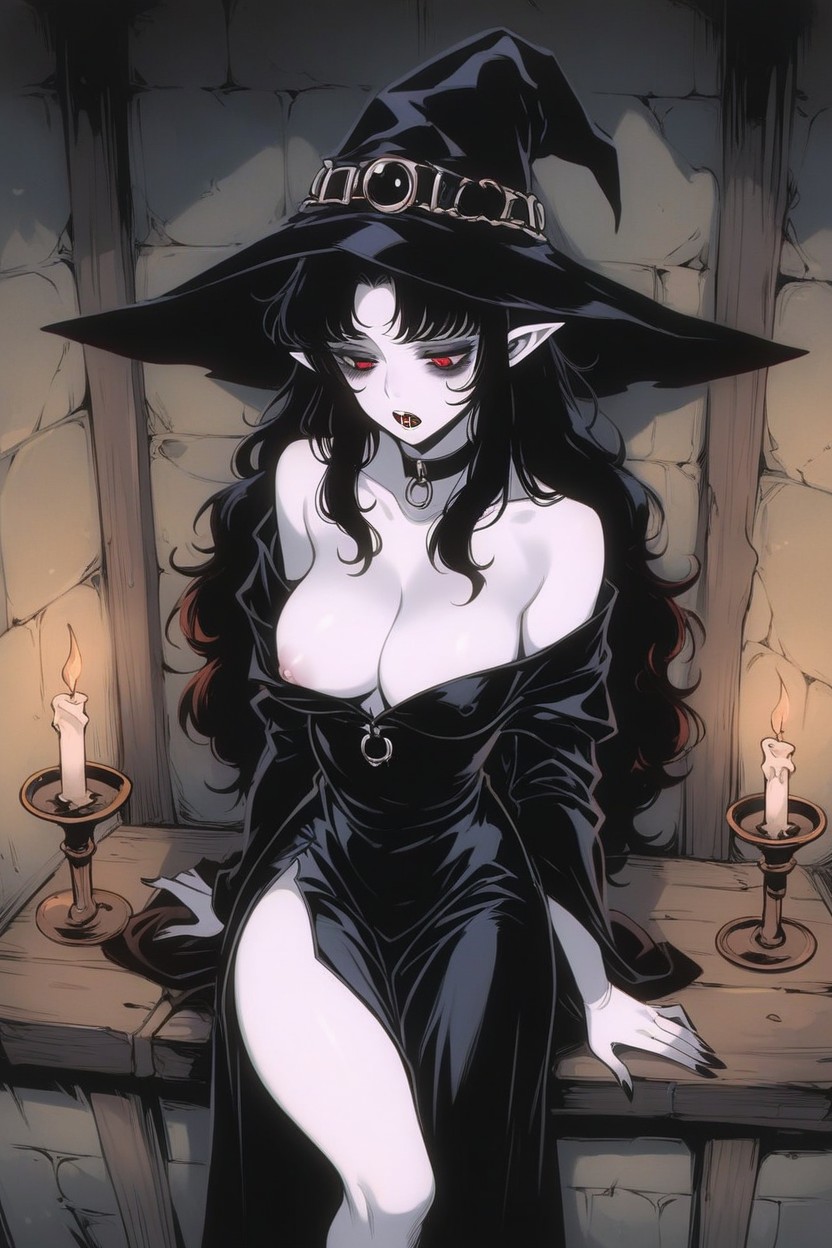 Messy Hair, Eyes Half Closed, Black Witch Hat Hentai AI Porn