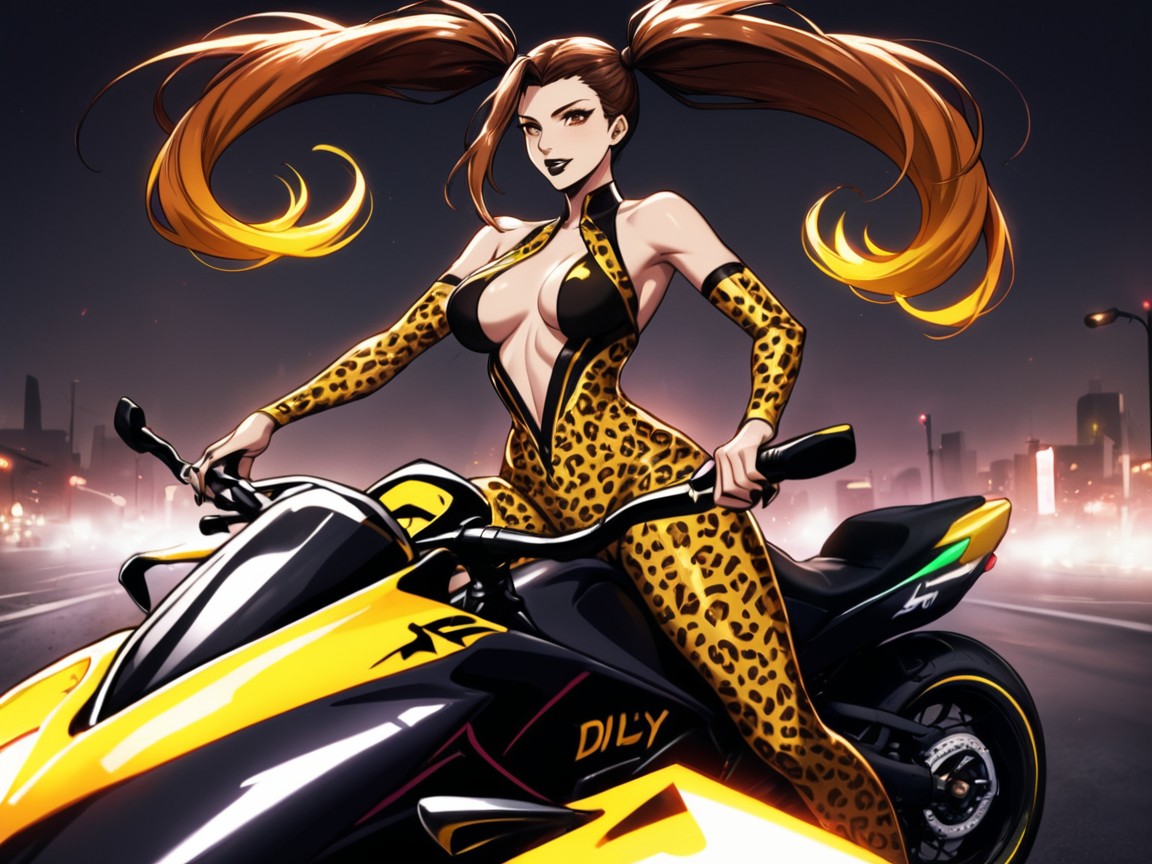 Low Torso Height, Slicked Brunette Pigtails, Bright Neon City Lights ラティーナAIエロ