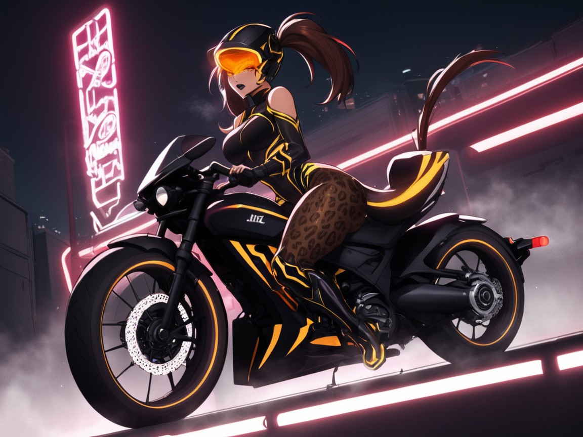 Woman Riding A Motor Cycle, 晚上, City Streets Background 拉丁AI色情