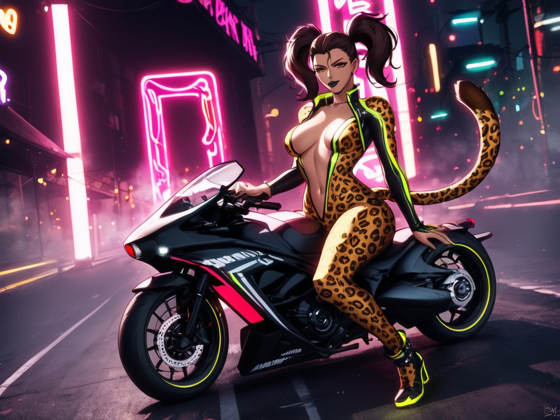 薄暗い照明, Black Nails, Leopard Print Motorcycle ラティーナAIエロ