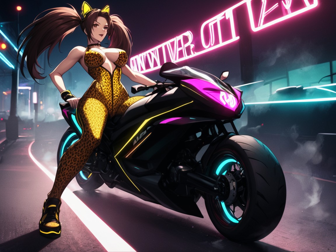 Under Glow Neon Lights, Leopard Print Motorcycle, Black Nails Latina AI Porn