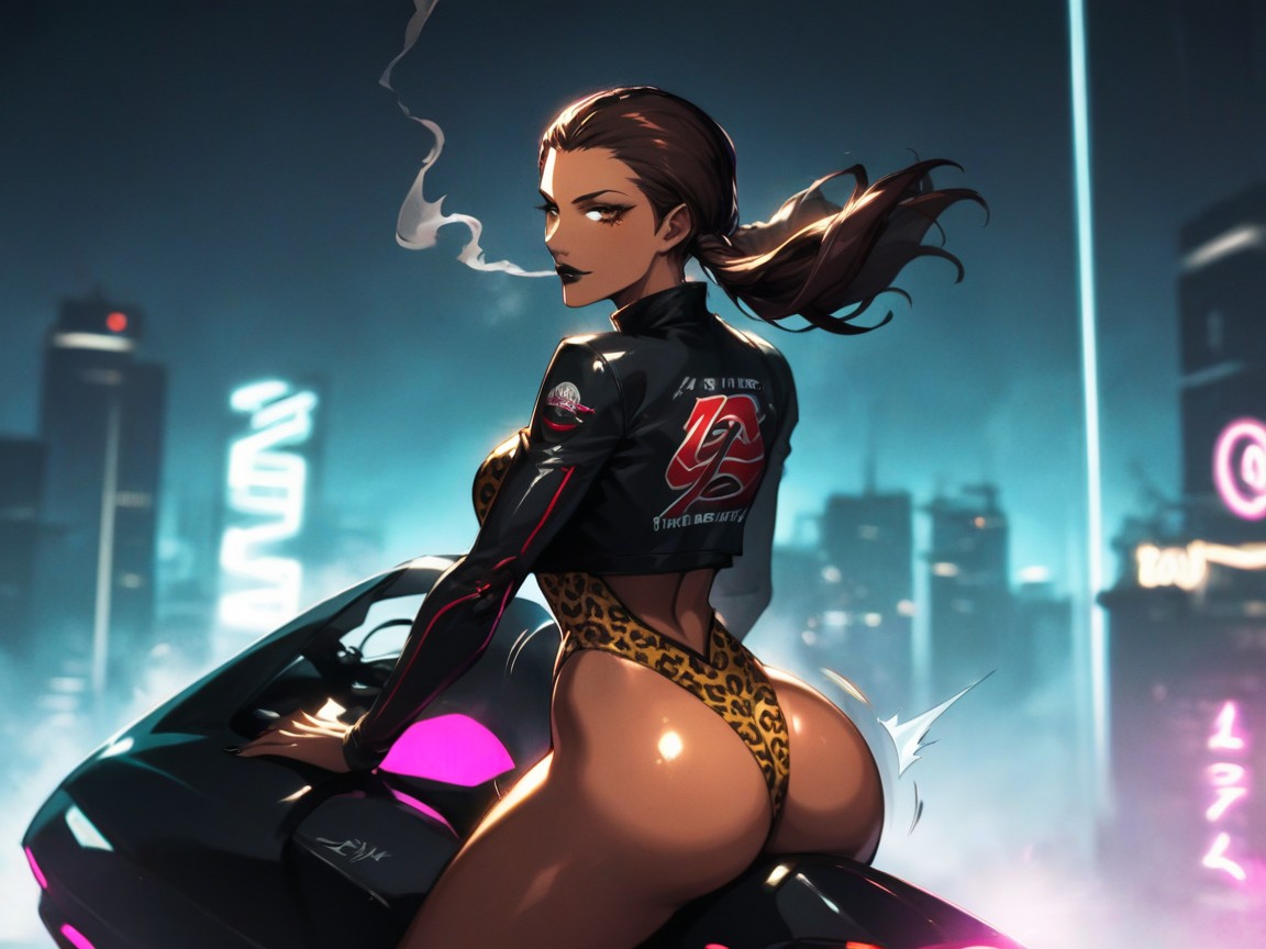 Delgada, Dark Skin Brown, Led Neon Lights On Motorcycle Porno IA