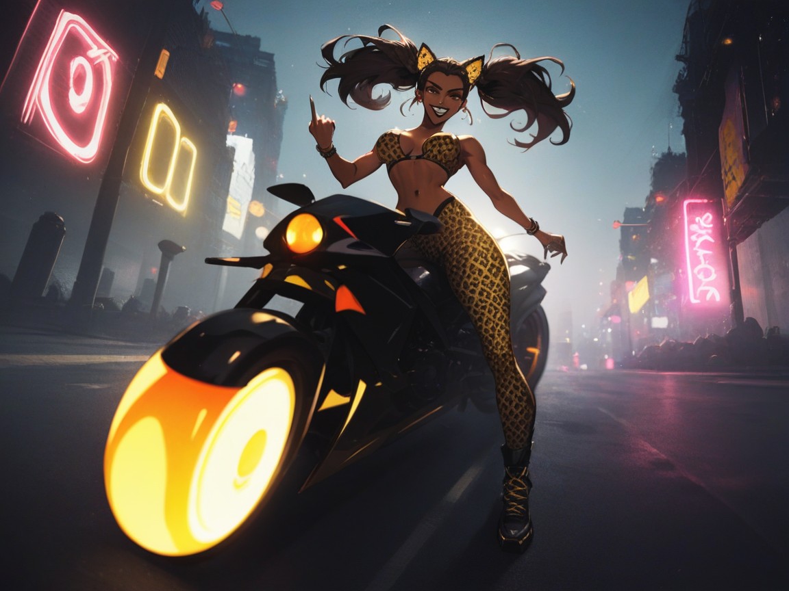 Motion Blur, Bright Neon City Lights, Slicked Brunette Pigtails AI Porn