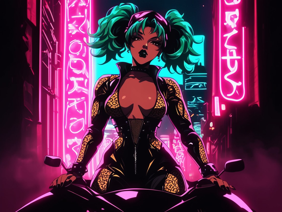 Led Neon Lights On Motorcycle, Vibrant Colors, Woman Riding A Motor Cycle Hentai AI Porn