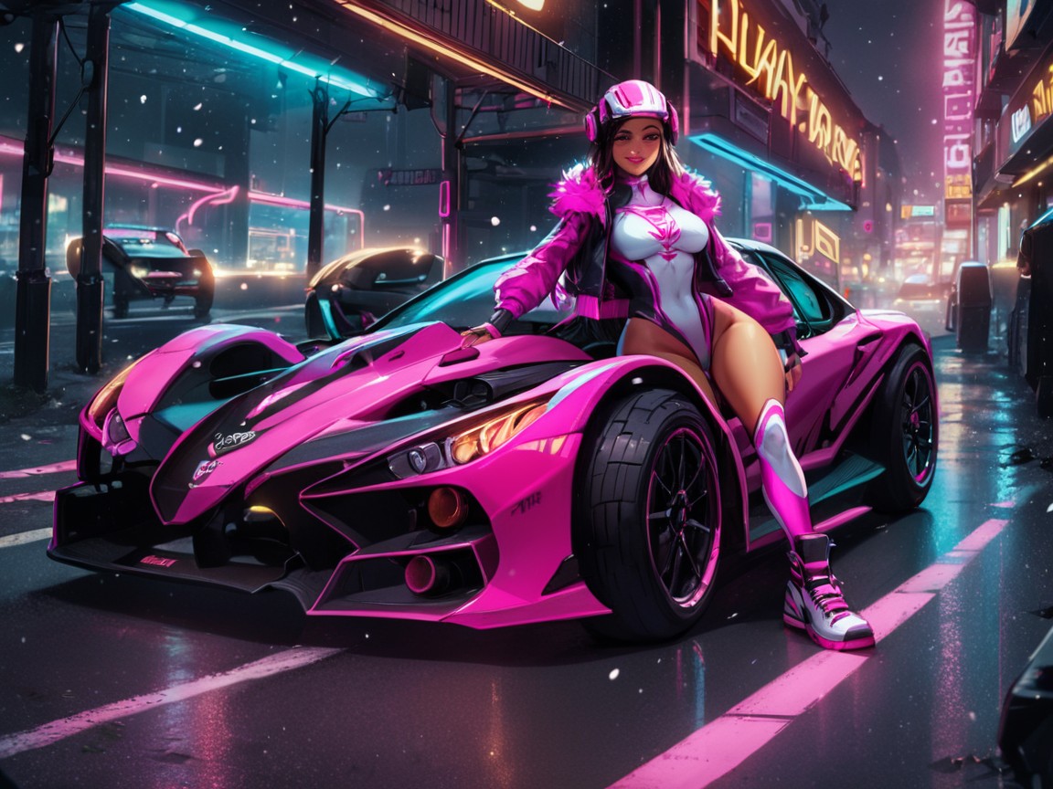 Wearing A Pink Racing Suit With Fur Trim, Long Gluteal Folds, Pink Under Glow Neon Lights ラティーナAIエロ
