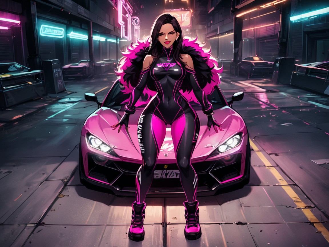 Futuristic Effects, Sloped Shoulders, Pink Under Glow Neon Lights ラティーナAIエロ