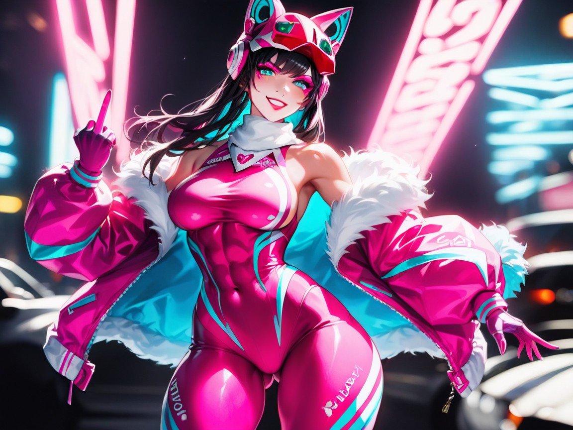 One Woman, Wearing A Pink Racing Suit With Fur Trim, Vibrant Colors AI Porn