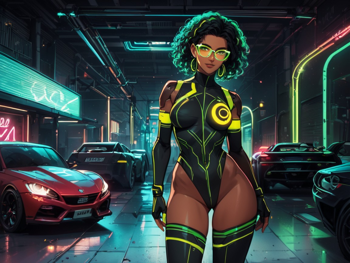 High Color Contrast, Squared Torso, Green Neon Light Trail 라틴 AI 야짤