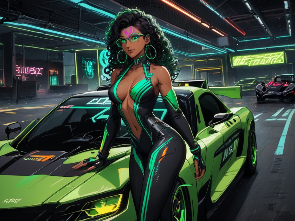 Electric Race Car, 1인, Green Under Glow Neon Lights 라틴 AI 야짤
