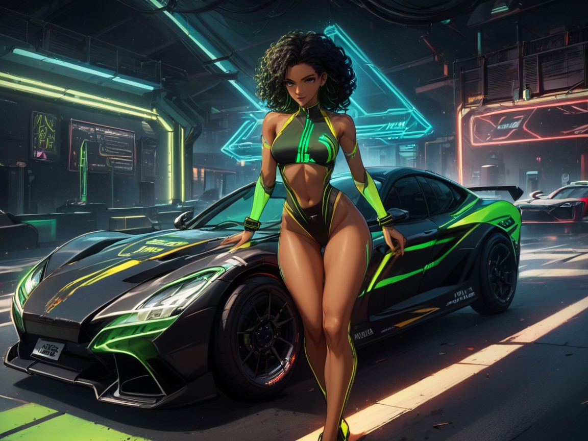 Vibrant Colors, Green Robotic Futuristic Race Car In Background, 누아르 라틴 AI 야짤