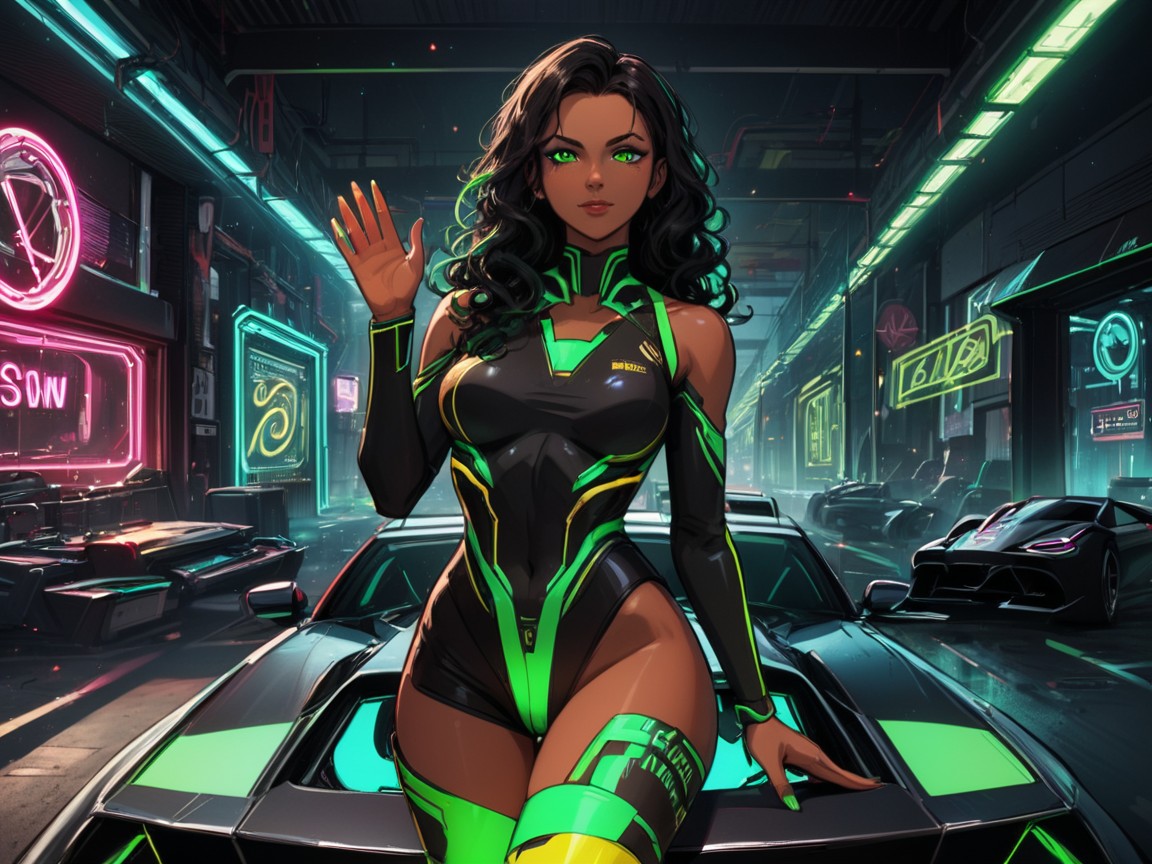 Green Glasses, Holograms On Car, Circuit Board Green Paintjob On Car Latina AI Porn