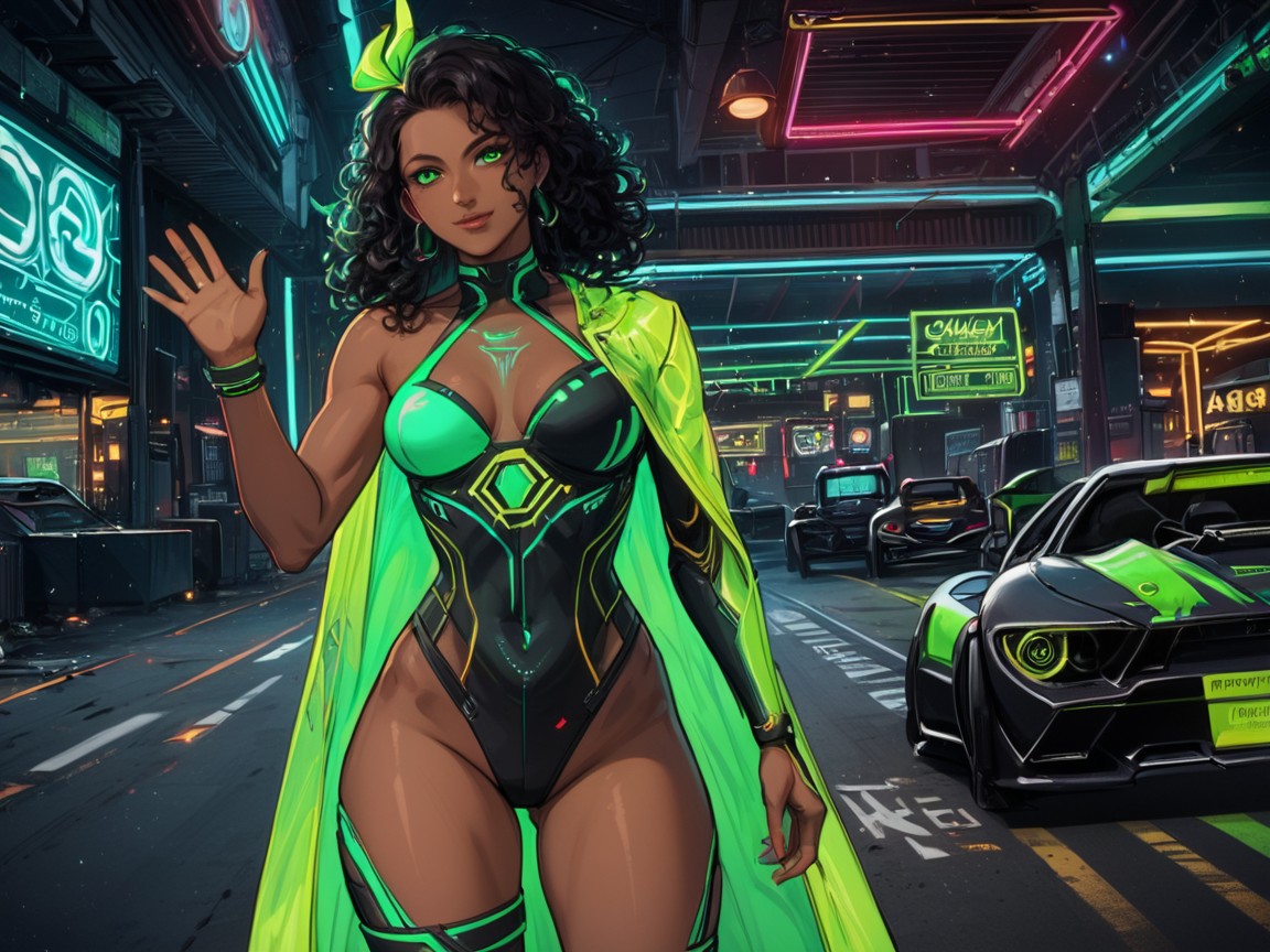 Green Hair Ribbon, Garage Background, Squared Abdomen Latina AI Porn