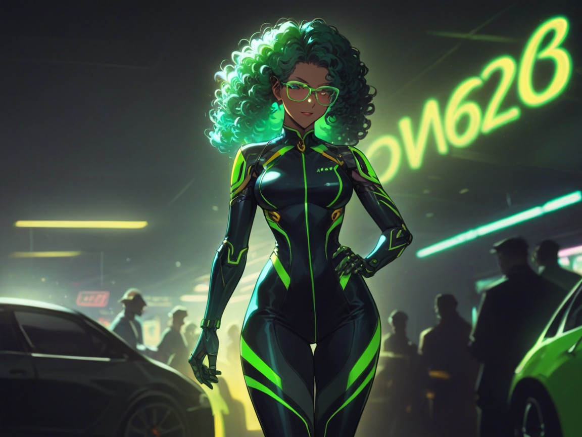 Energetic Face, Led Neon Green Lights On Car, Saturated Colors Porno IA