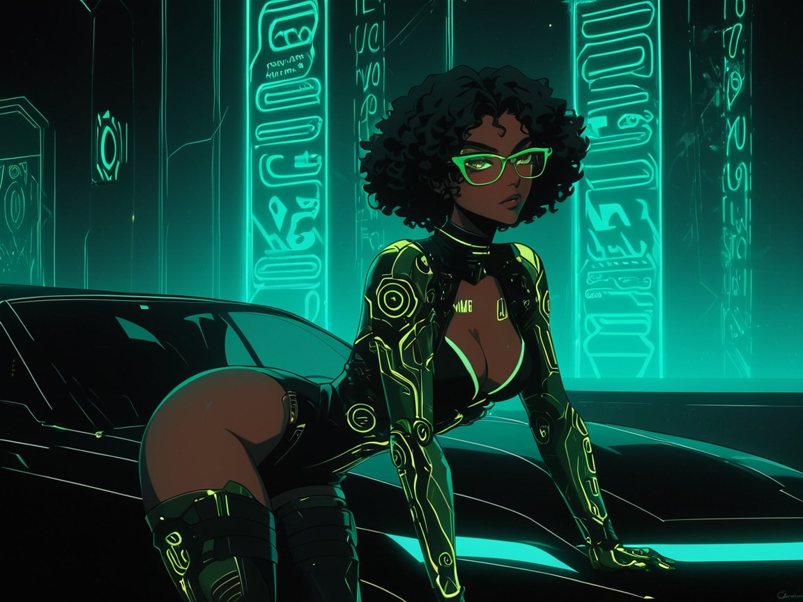 Squared Torso, Bright Neon Green Lights, Pulsing Digital Patterns On Car Hentai AI Porn