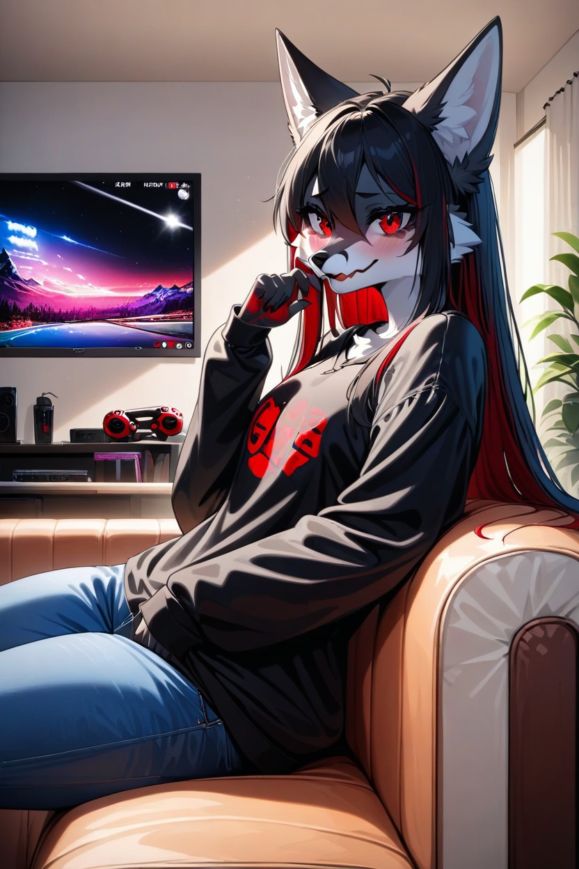 Black Sweatshirt, Blushing, Gamer Room Furry IA