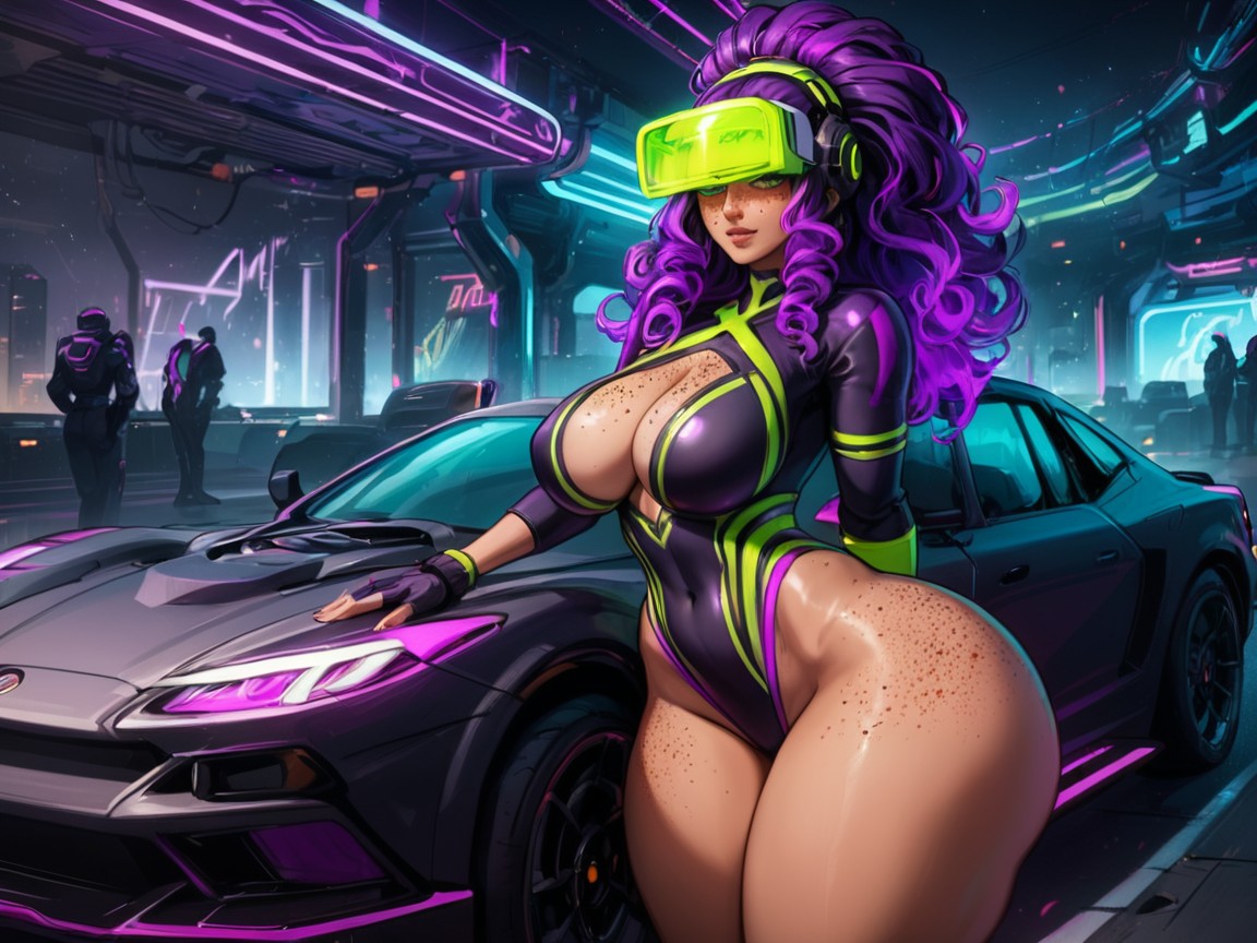 Large Multi Tread Wheels, Wearing A Purple Floral Print Racing Suit, Street Racer Porno latina IA