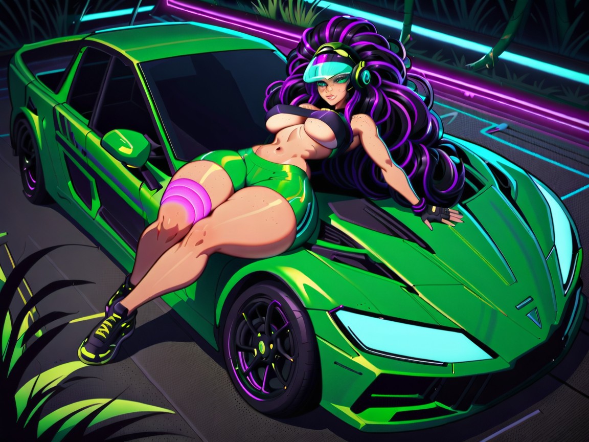 High Color Contrast, Wearing A Purple Floral Print Racing Suit, Vibrant Colors Porno latina IA