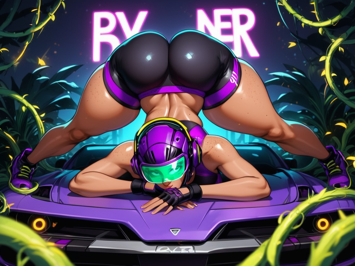 Black Permed Hair With Purple Highlights, Low Torso Height, Sombra Suave Porno latina IA