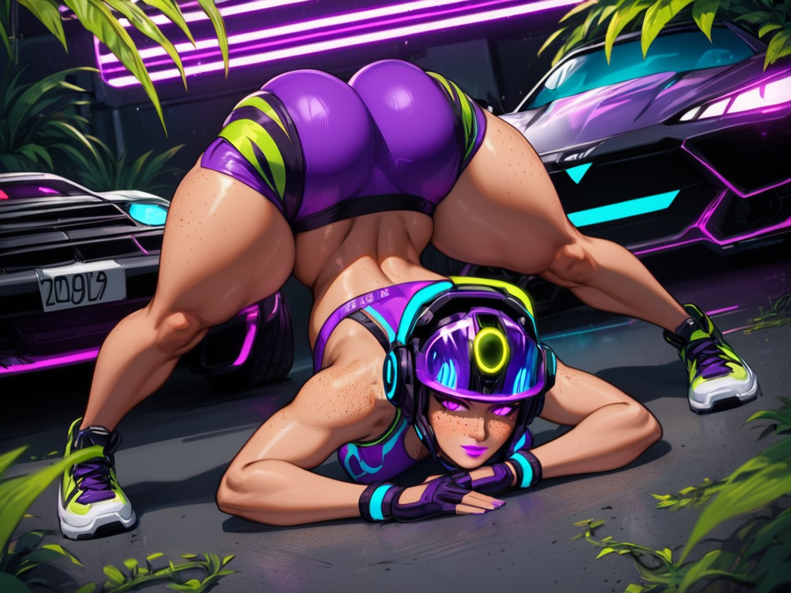 Black Permed Hair With Purple Highlights, Thick Torso, Sostén Deportivo Porno latina IA