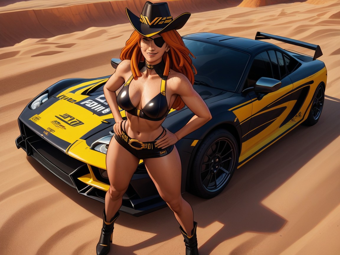 Saturated Colors, Gold Neon Light Trail, Woman Leaning Against Race Car Porno IA Latina