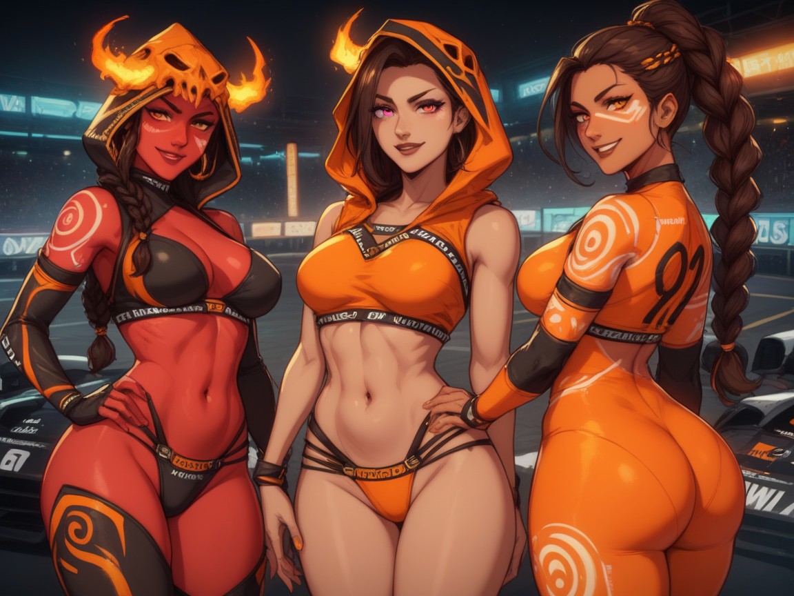 Dusk, Vibrant Colors, Wearing An Orange Tribal Racing Suit Latina AI Porn