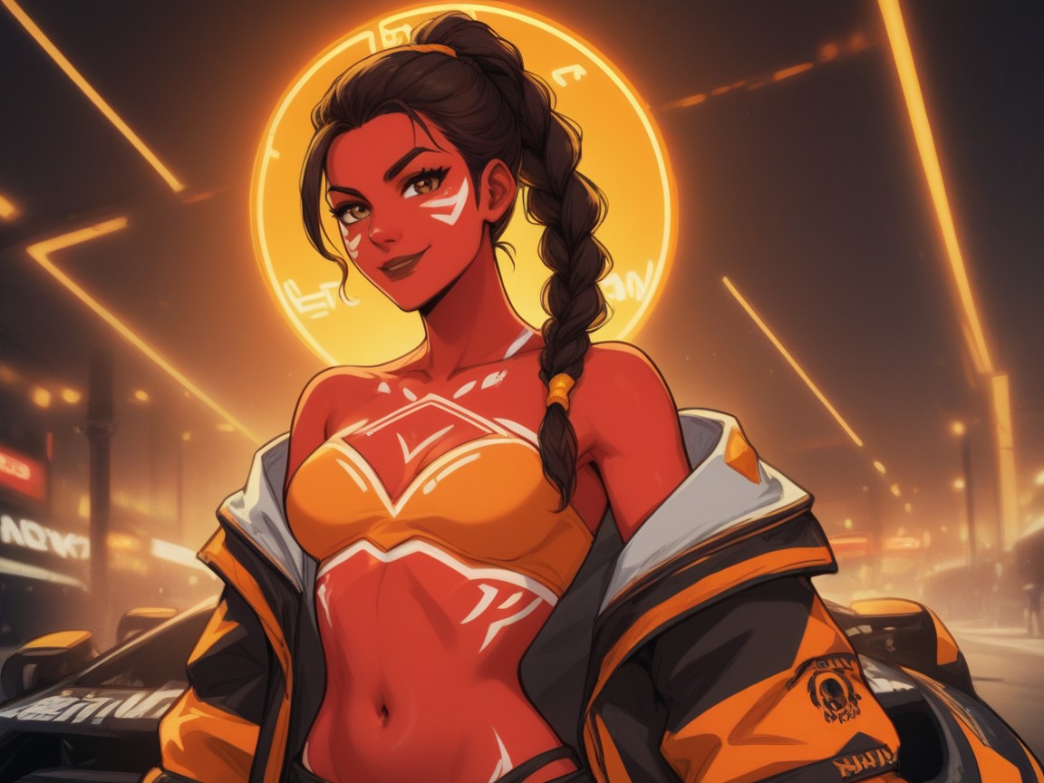 Wearing An Orange Tribal Racing Suit, 오프숄더, One Woman 라틴 AI 야짤