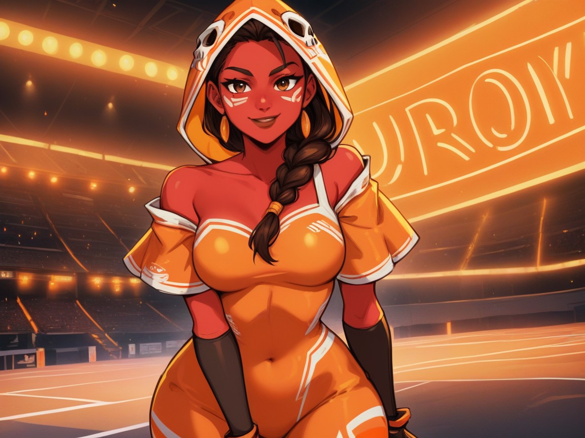 Vibrant Colors, Orange Neon Light Trail, Hourglass Body Type ラティーナAIエロ
