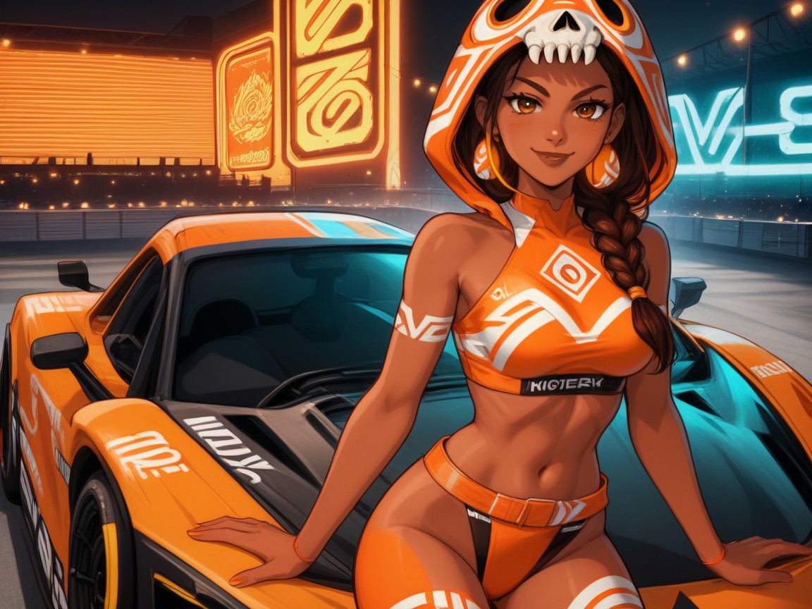 Street Racer, Saturated Colors, Wearing An Orange Tribal Racing Suit 라틴 AI 야짤