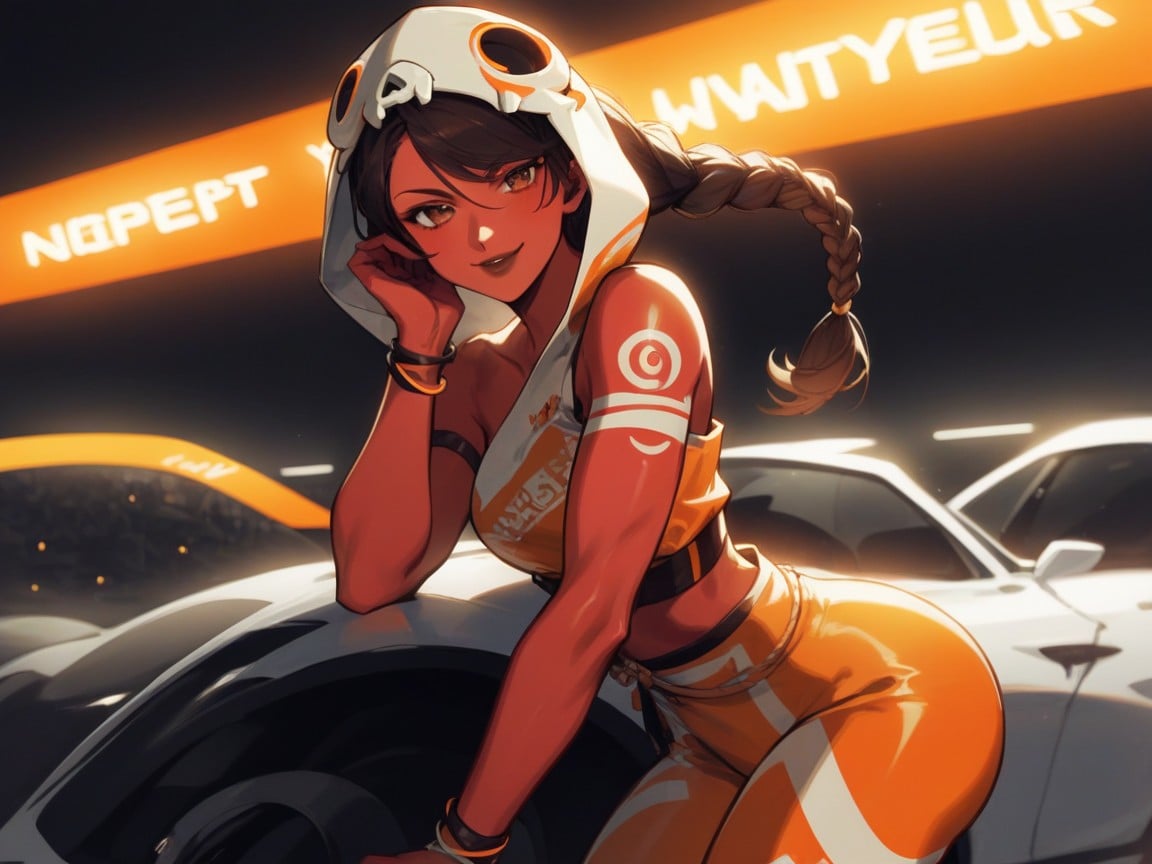 Wide Set Eyes, Ponytail, Orange Tribal Body Paint AI Porn