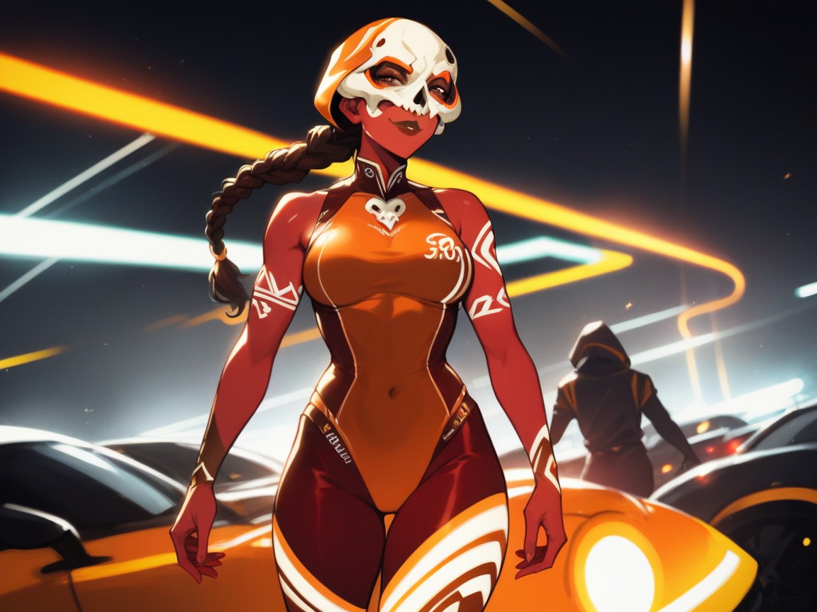 Race Car Background, Brown Lipstick, Ponytail AI Porn